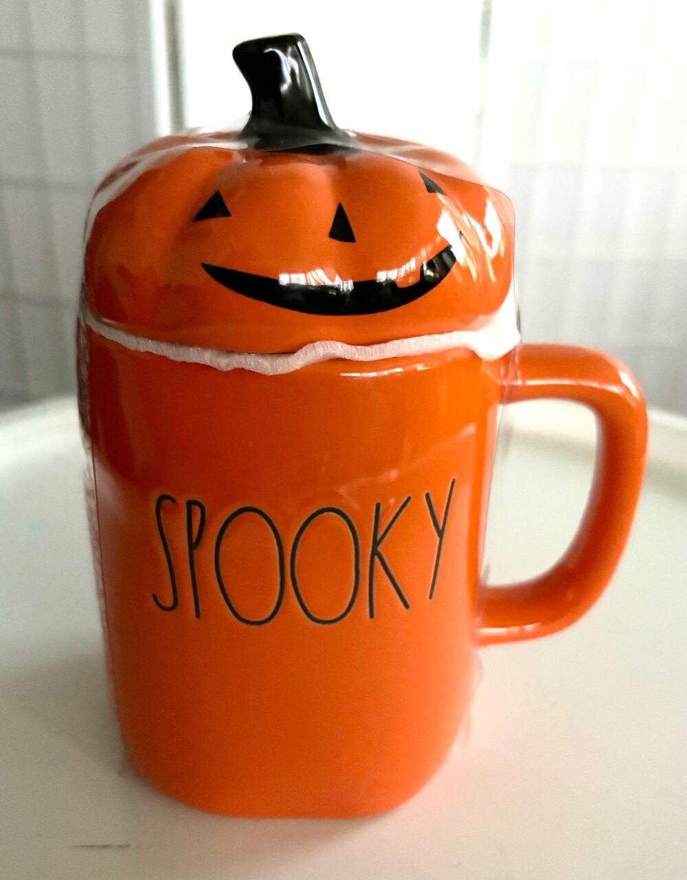 Rae Dunn SPOOKY Orange Halloween Ceramic Pumpkin Mug Jack-O-Lantern Lid New